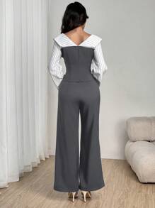 Modelyn 女士露肩条纹上衣和阔腿条纹裤两件套 - 灰色 - 查看 2