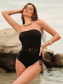 Anewsta 1pc Women's Simple Solid Color Ruched Drawstring Bandeau One-Piece Swimsuit With Waistband, For Summer Beach Holiday