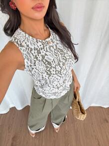 Livesso 女士无袖纯色上衣和裤子两件套，时尚夏季亚麻家居服套装 - 綠色 - 查看 7