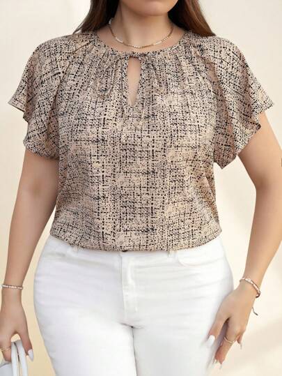 Chikora 大码时尚系带领口荷叶边袖休闲短袖衬衫，适合春夏季日常穿着