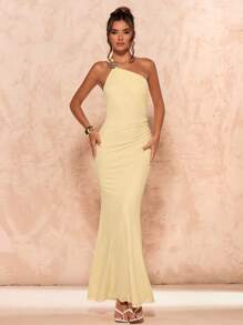 SHEIN BAE 女士夏季奶油黄色不对称领口侧褶金属扣装饰美人鱼下摆露背连衣裙//女士婚礼宾客礼服/蜜月装女士派对礼服/波西米亚风服装/度假礼服/奶油黄连衣裙/生日礼服 - 黃色 - 查看 5