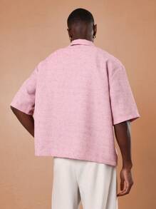 SUMWON Áo sơ mi mùa hè giản dị có túi họa tiết vải lanh có họa tiết Revere cổ áo ngắn tay cài nút phong cách nghỉ dưỡng thoải mái - Hồng - Xem 3