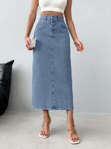 EURMUSE Women High Waist Long Straight Casual Versatile Denim Skirt - Light Wash - View 4