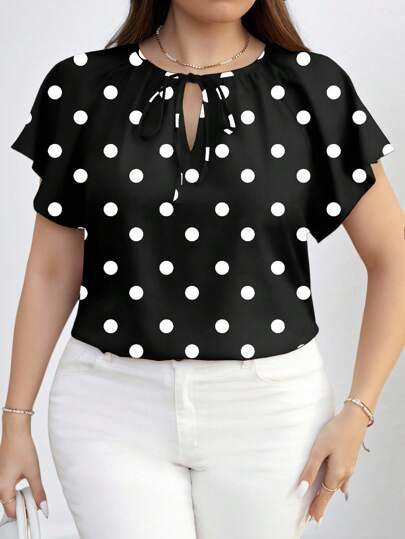 SHEIN Clasi Plus Size Women Polka Dot Print Tie Neck Ruffle Short Sleeve Elegant Blouse, For Summer