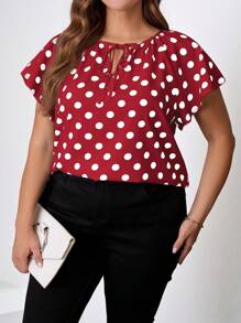 SHEIN Clasi Camicia casual estiva a maniche corte con laccetti davanti a pois, taglie forti - Rosso - Visualizzare 7