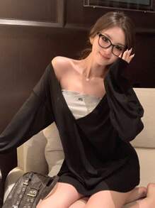 DAZY 女士休闲宽松简约深V领长袖长T恤，夏季 - 黑色 - 查看 3