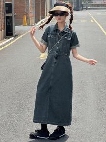 DAZY Teen Girl Denim Dress With Pockets And Buttons, Casual Short Sleeve, Spring & Summer