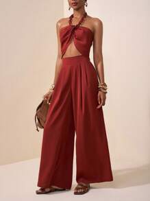 Zivah 2025 Summer New Style Wedding Birthday Party Daily Outing Basic Versatile Casual Popular Online Style Street Style Elegant Commuting Business Casual Necklace Hanging Sexy Backless Irregular Hem Women's Top And Pleated Straight Wide-Leg Pants Good Drape Red Brown Summer Suit Women's Two-Piece Suit