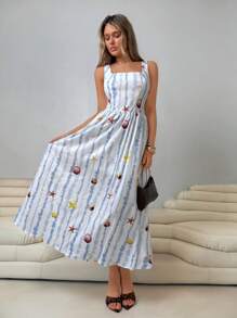 Roylia 女士春夏度假风海洋图案条纹印花方领细肩带高腰褶饰 A 字长裙 - 彩色 - 查看 4