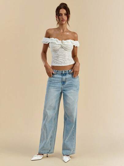 SHEIN BAE Spring And Summer Solid White Texture Floral Three-Dimensional Knitted Off-Shoulder Lotus Leaf Collar Tight-Fitting Elegant Ladies Tops,Summer Tops, Top,Vacation,White Top,Crop Tops,Cute Tops,Valentine's Day