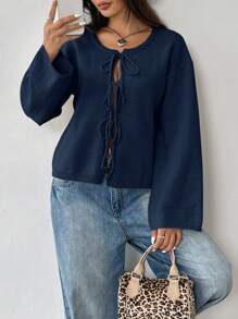 SHEIN EZwear Camicetta casual da donna a maniche lunghe con allacciatura frontida, di colore unito