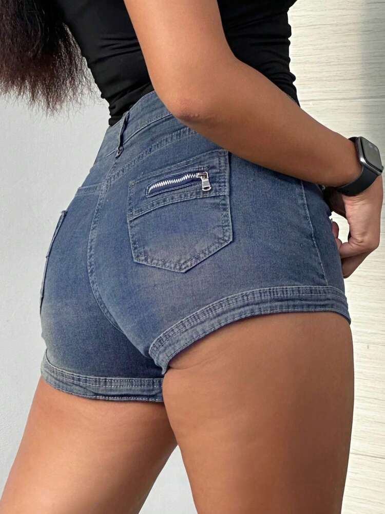 Plus Size Washed & Faded Ombre Stretchy Wrap-Around Sexy Ultra-Short Denim Shorts, Summer Jorts