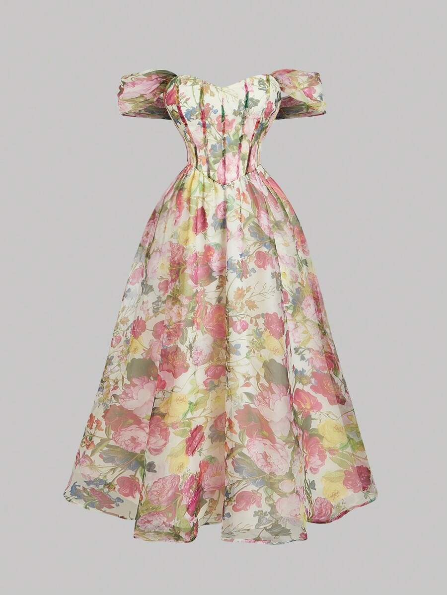 SHEIN MOD 大码女式复古碎花露肩连衣裙、派对连衣裙、度假装、女式套装、复古碎花连衣裙、情人节、女式复古服装、春季服装、女式生日连衣裙、哥特式连衣裙 - 白色 - 查看 1