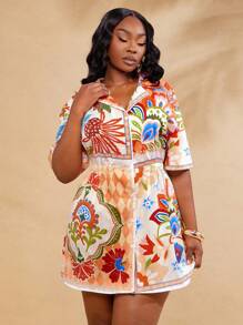 SHEIN SXY Plus Size Women's Spring&Summer Elegant Sexy Short Sleeve Retro Printed Shirt Dress, Suitable For Everyday Wear, Wedding, BOHO, Bohemian, Outing, Beach Vacation, Holiday, Seaside, Western Wear, Music Festival, Concert, Carnival Party, Richly Layered, Date Night, Ibiza, Nashville, Break, Modest, Chic, Club, Cute, Casual, Shopping, Streetwear, Going Out, Easy To Match&Looks Slim, Accent Your Body, Flatter The Figure, Patchwork Floral Print Colorful Dress