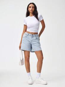 Jeanoix 女式复古做旧休闲时尚蓝色牛仔短裤