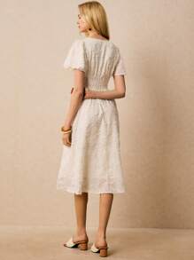 Poéselle 女士休闲荷叶边袖收腰 V 领中长连衣裙，日常穿着 - 白色 - 查看 6