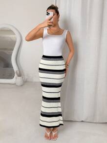 SHEIN Clasi Women's Color Block Geometric Pattern Bodycon Mermaid Hem Knit Skirt - Black and White - View 4