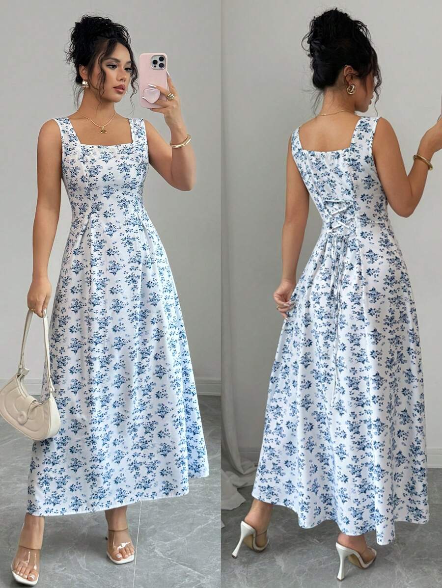 Rafferiza Square Neck Sleeveless Pastoral Style Long Women's Dress Female Beach Wear Women's Casual Dress