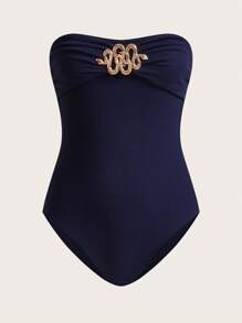 SHEIN Unity 1pc Women Navy Blue Elegant Summer Solid Color Fitted Tube Bodysuit, Beach Party Night Vacay Outfits,Birthday Club Outfits For Women - Royal Blue - View 1