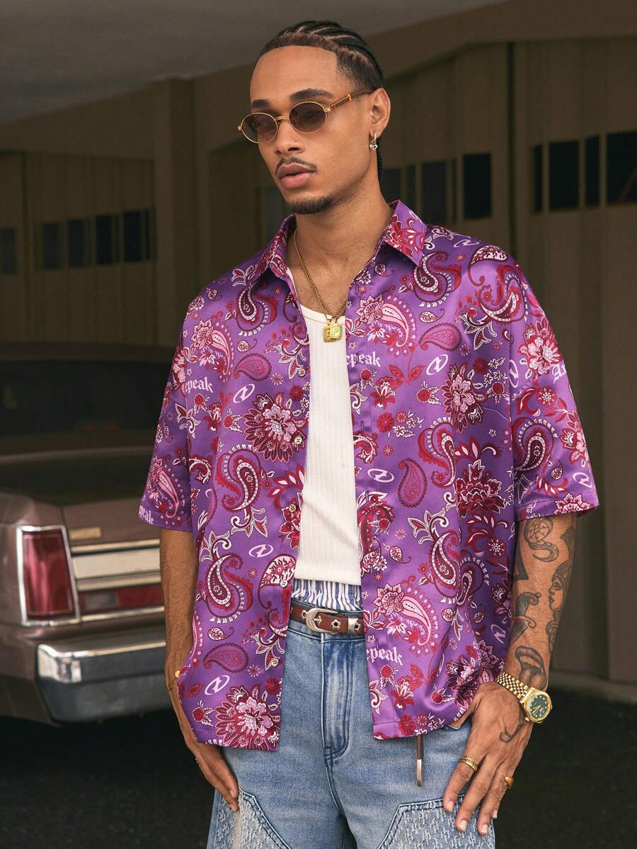AXEPEAK Men's Paisley Print Button Front Casual Short Sleeve Shirt, Summer - Purple - View 1
