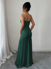 Elenzga Contrast Lace Elastic Waist A-Line Hem Elegant Romantic Women Dress - Dark Green - View 2