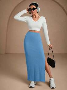EURMUSE Women Solid Color Slit Detailed Tube Skirt - Baby Blue - View 3