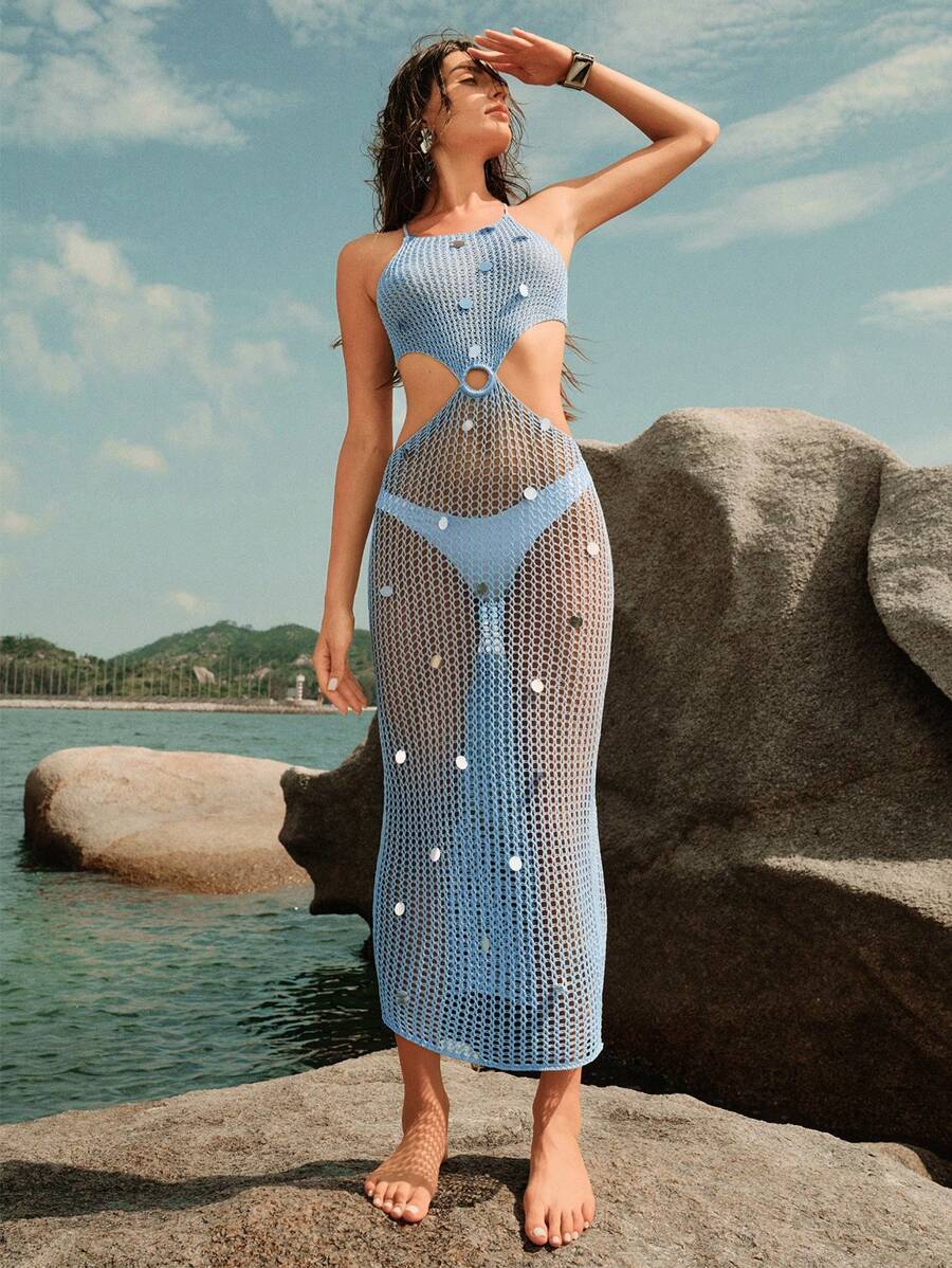 Anewsta 女士度假纯色亮片露背吊带泳衣罩衫裙 - 棕色 - 查看 1