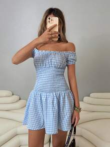 Roylia 女士时尚格子单肩、褶皱腰荷叶边 A 字连衣裙 - 藍白色 - 查看 5