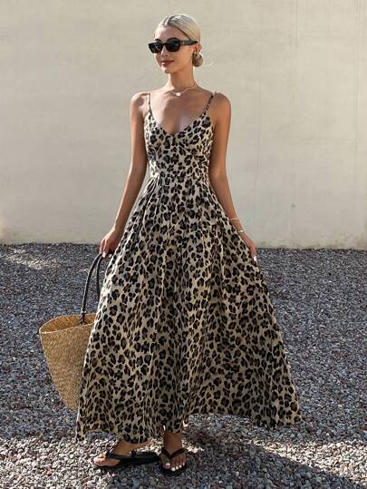 DAZY V-Neck Sleeveless Leopard Print Midi Dress For Women, Suitable For Summer Vacation Cruise Outfit For Women