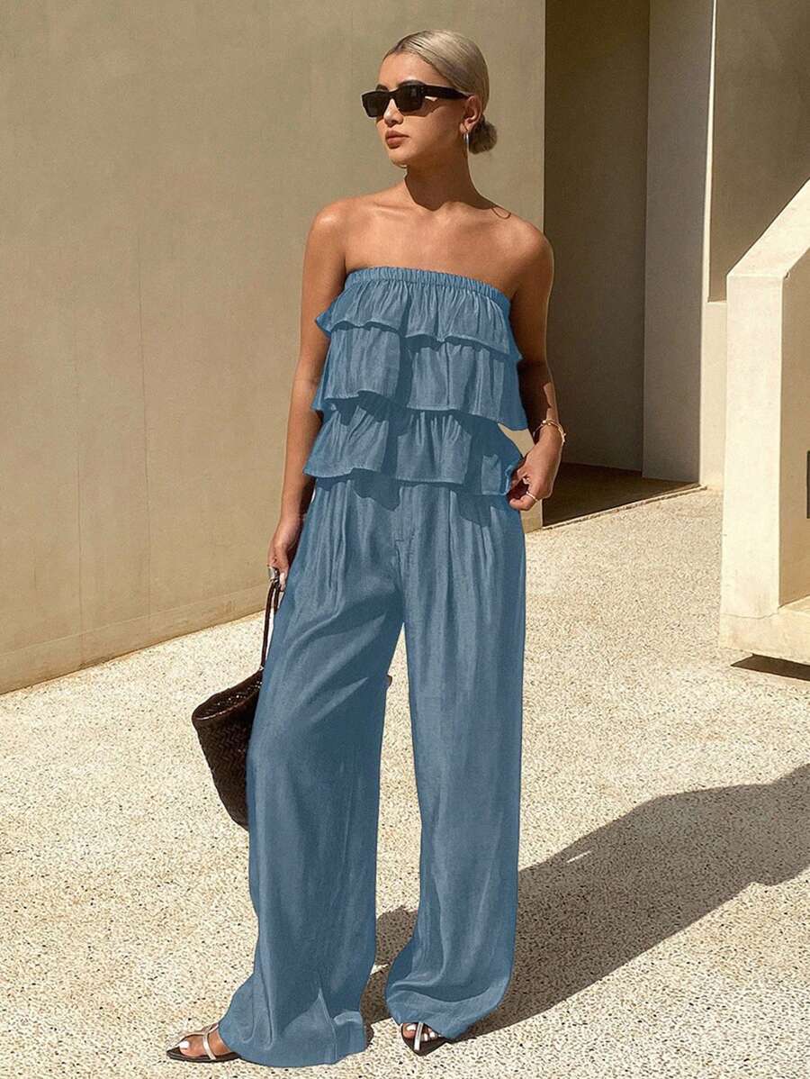 DAZY Women's Summer Solid Color Ruffle Hem Tube Top & Shorts Set,Women Two Pieces Sets