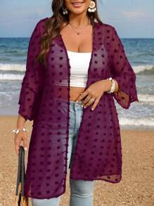 EMERY ROSE Chaqueta de verano ligera y semitransparente con lunares para mujer de talla grande - Rojo violeta - Ver 3