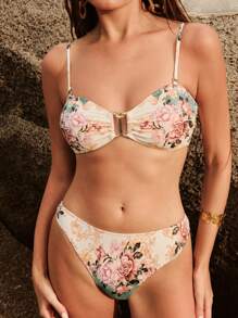 Anewsta Women's Summer Beach Floral Print Ruched Bust Bikini 2-Piece Bikini Set Set - Multicolor - View 4