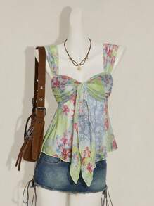 SHEIN ICON 女式复古印花网眼不对称下摆无袖上衣 - 綠色 - 查看 4