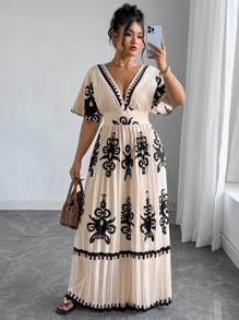 SHEIN Tall Plus Size Women High-Waist Elegant Plaid Ruched Jumpsuit, Suitable For Vacation