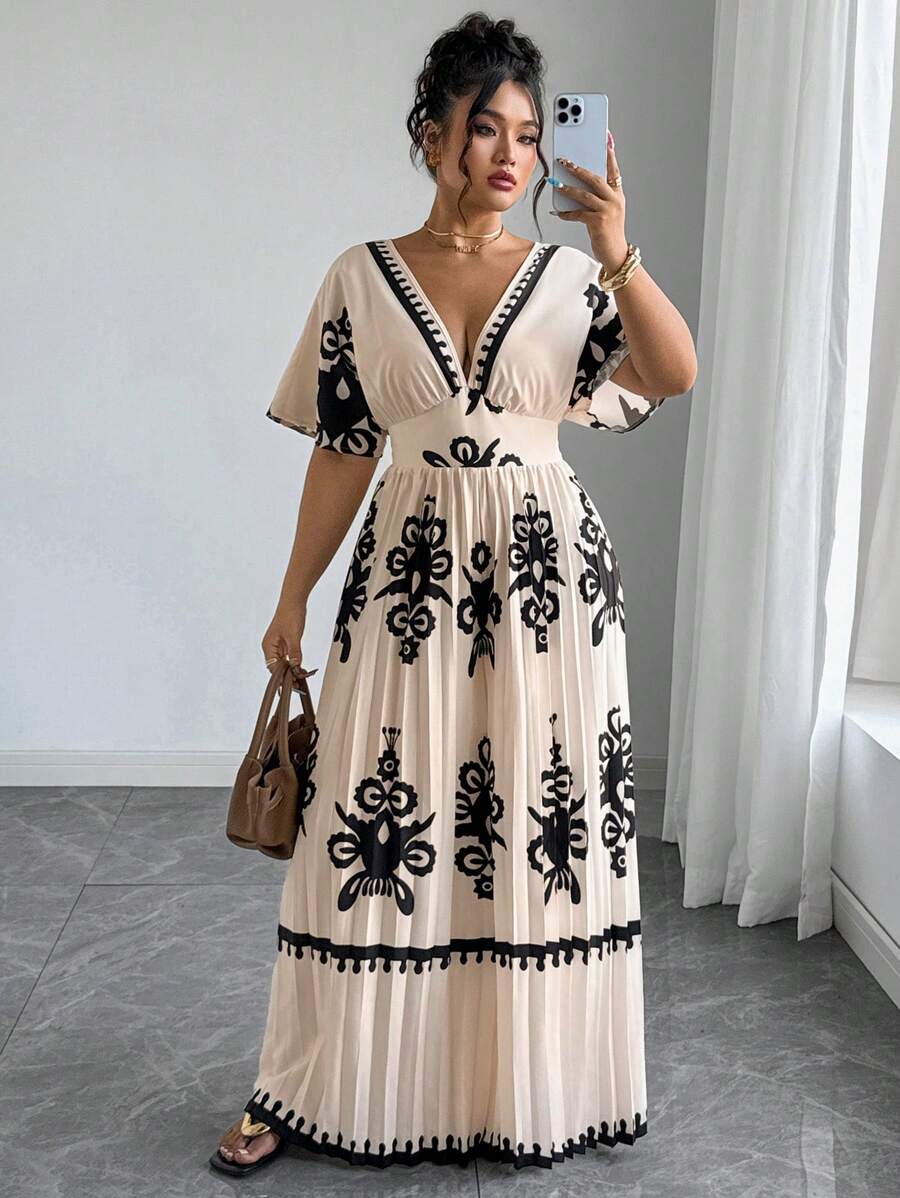 SHEIN Tall Plus Size Women High-Waist Elegant Plaid Ruched Jumpsuit, Suitable For Vacation