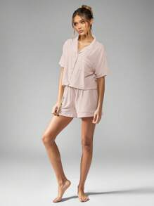 MISSGUIDED 豪华网眼罗纹纽扣短袖睡衣套装家居服睡衣睡衣柔软舒适夏季舒适 - 淺粉色 - 查看 3