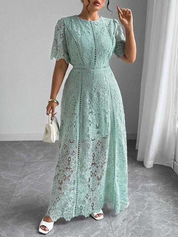 Elenzga Rochie elegantă din dantelă franceză, rochie lungă subțire, cu broderie, cu goluri, de lux, în linie A