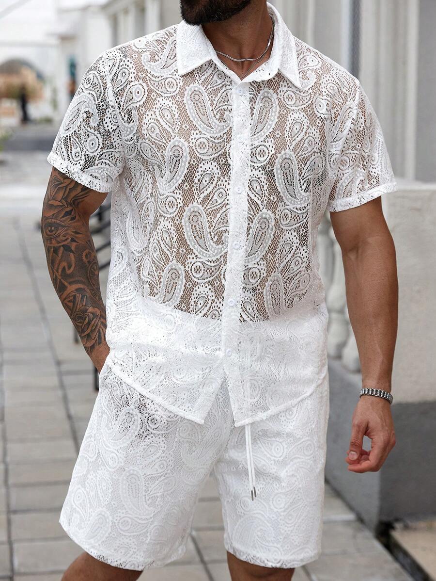 Manfinity RSRT Plus Size Men's Casual Cashew Flower Lace Vacation Shirt Set - White - View 1
