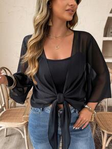 Plus Size Women's Casual Solid Color Bell Sleeve Thin Jacket Winter Fall Autumn - Black - View 4