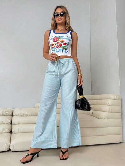 Roylia Pantalones anchos de mujer de lino a rayas con cintura con cordón, para uso casual, diario y vacaciones