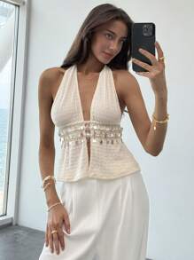 Aloruh 浪漫约会之夜性感假期波西米亚风露背贝壳边杏色女式背心 - 杏色 - 查看 4