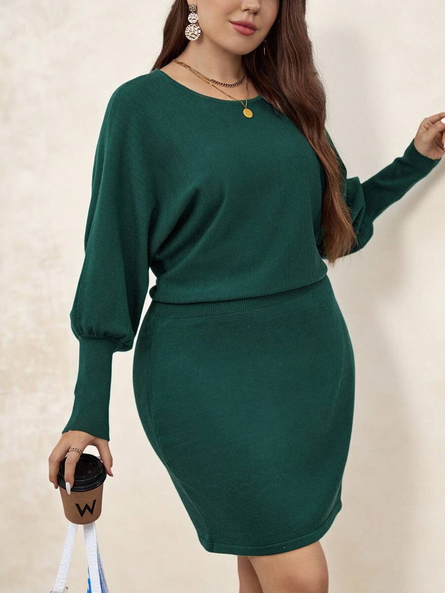 SHEIN Clasi Plus Batwing Sleeve Sweater Dress In Fall/Winter - Dark Green - View 1