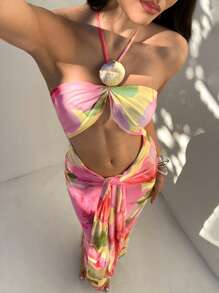 Aloruh Vestido largo con estampado floral, decoración de hebilla de metal hueca y ajustado con lazo en el cuello para mujer, atuendos de playa, vestidos de verano, atuendos de luna de miel, atuendos de vacaciones en la isla, vestidos de sol para mujer