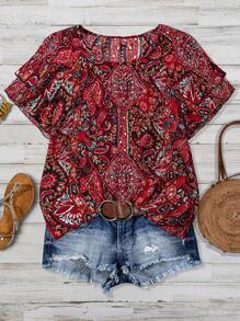 Linhara Plus Size Women Cashew Flower Double-Layer Ruffle Sleeve Blouse - Multicolor - View 1