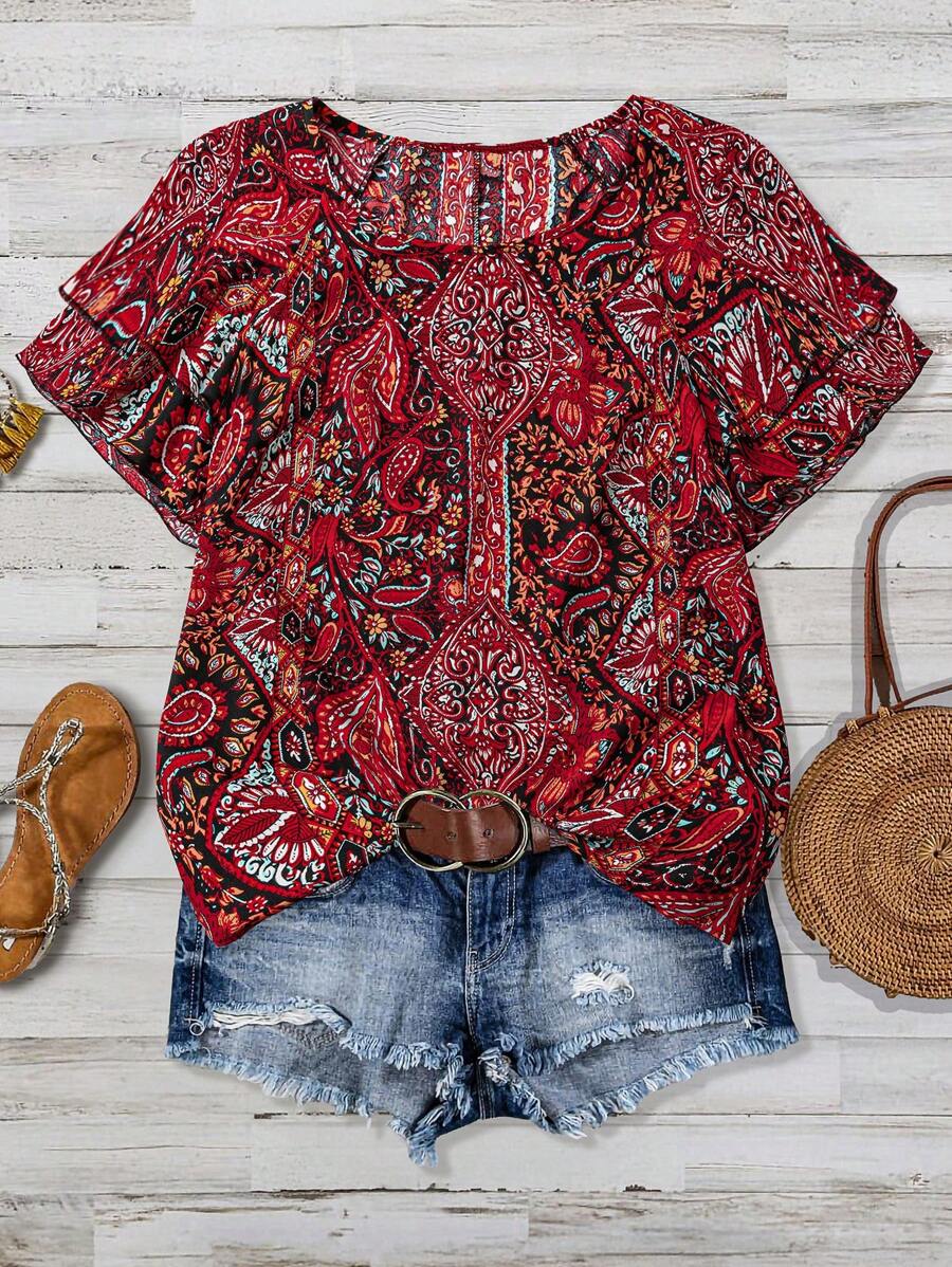 Linhara Plus Size Women Cashew Flower Double-Layer Ruffle Sleeve Blouse - Multicolor - View 1