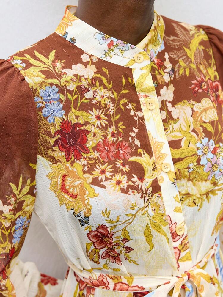 SHEIN Maija Robe chemise longue élégante pour femmes avec imprimé floral, manches bouffantes, ourlet à volants, taille avec lien. Robe décontractée pour femmes, vêtements d'anniversaire, vêtements d'été, robe fleurie longue, robe maxi fleurie, robe bohème, robe de vacances pour femme, robe fluide d'été pour vacances, vêtements bohèmes pour femmes, robe longue d'automne, vêtements d'automne pour femmes, vêtements bohèmes pour femmes