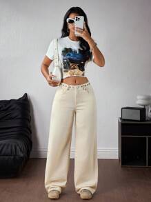 INAWLY INAWLY Women's Casual Chic Simple Solid Color Rivet Decor Loose Wide Leg Jeans - Beige - View 5