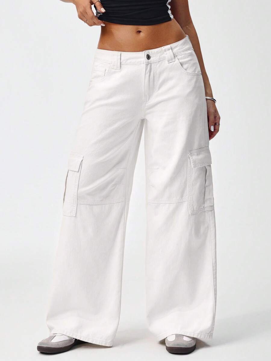 SHEIN EZwear Women's Low Waist Solid Color Pocket Button White Flare Leg Jeans Denim Pants - Apricot - View 1