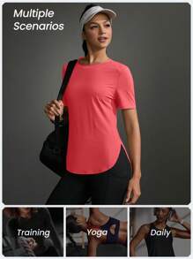 Exploreva Camiseta deportiva informal para mujer con dobladillo curvo de unicolor, de verano