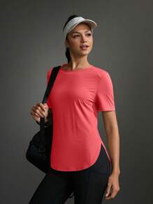 Exploreva Camiseta deportiva informal para mujer con dobladillo curvo de unicolor, de verano